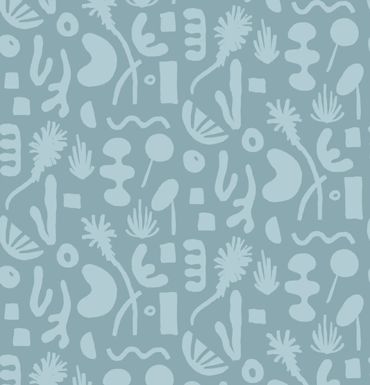 Pool Side Blue Wallpaper with Palm Vibe by Samantha Santana Creative, blue palm motifs on Tampa Home & Garden Store