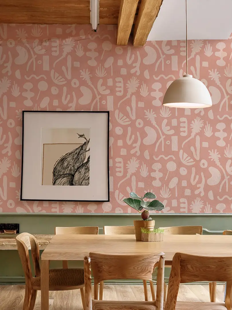 Pool Side Wallpaper Pink Palm Springs pattern on pink wall on Tampa Home & Garden Store