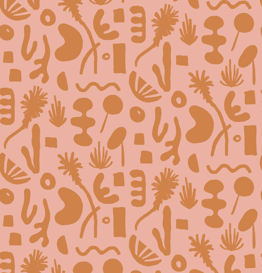 Pool Side Wallpaper Pink and Orange featuring orange abstract coral motifs on pink background on Tampa Home & Garden Store