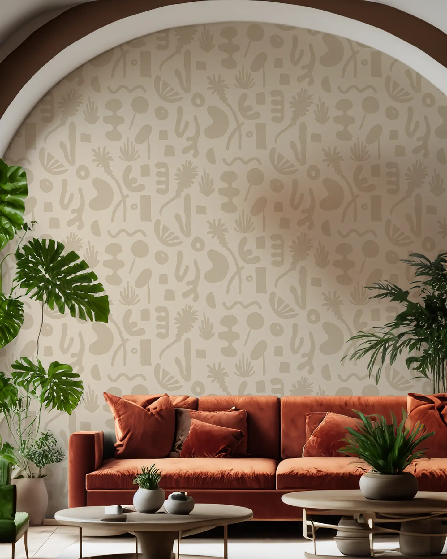 Pool Side Wallpaper tan removable peel-and-stick with abstract shapes in an arched alcove on Tampa Home & Garden Store
