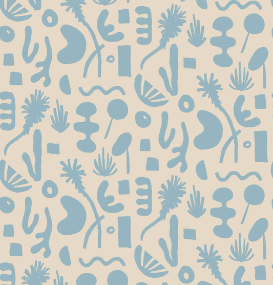 Pool Side Wallpaper tan and blue abstract doodle pattern for poolside decor on Tampa Home & Garden Store