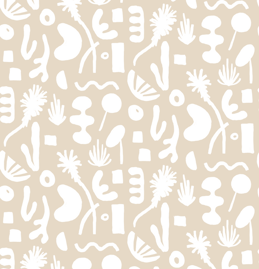 Pool Side wallpaper tan and white abstract pattern with palm shapes on beige backdrop on Tampa Home & Garden Store