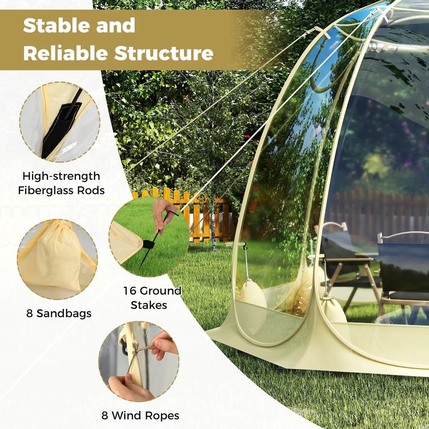 Pop Up Bubble Tent 8.5x8.5 ft transparent Igloo with fiberglass rods and wind ropes on Tampa Home & Garden Store
