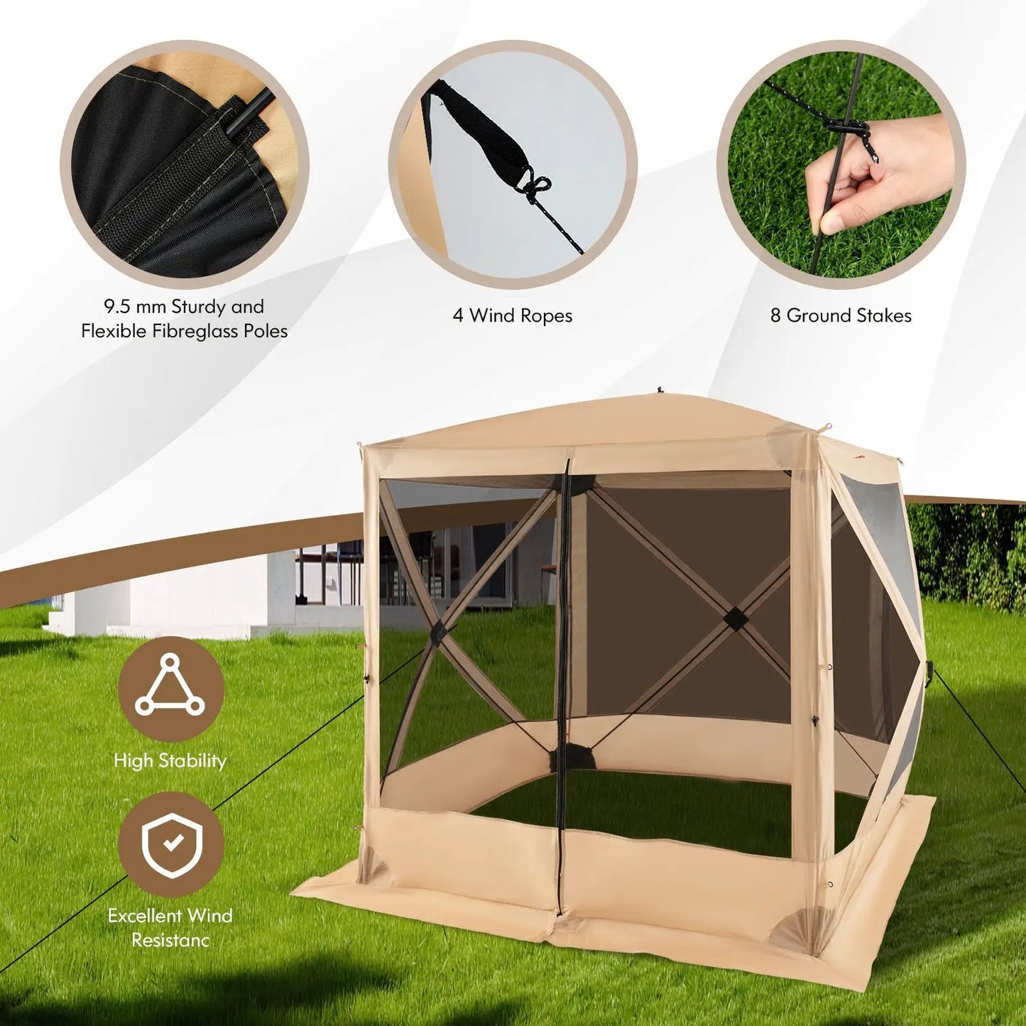 DirectDeals 6.7x6.7 ft pop-up gazebo with netting, beige canopy and fiberglass poles on grass on Tampa Home & Garden Store