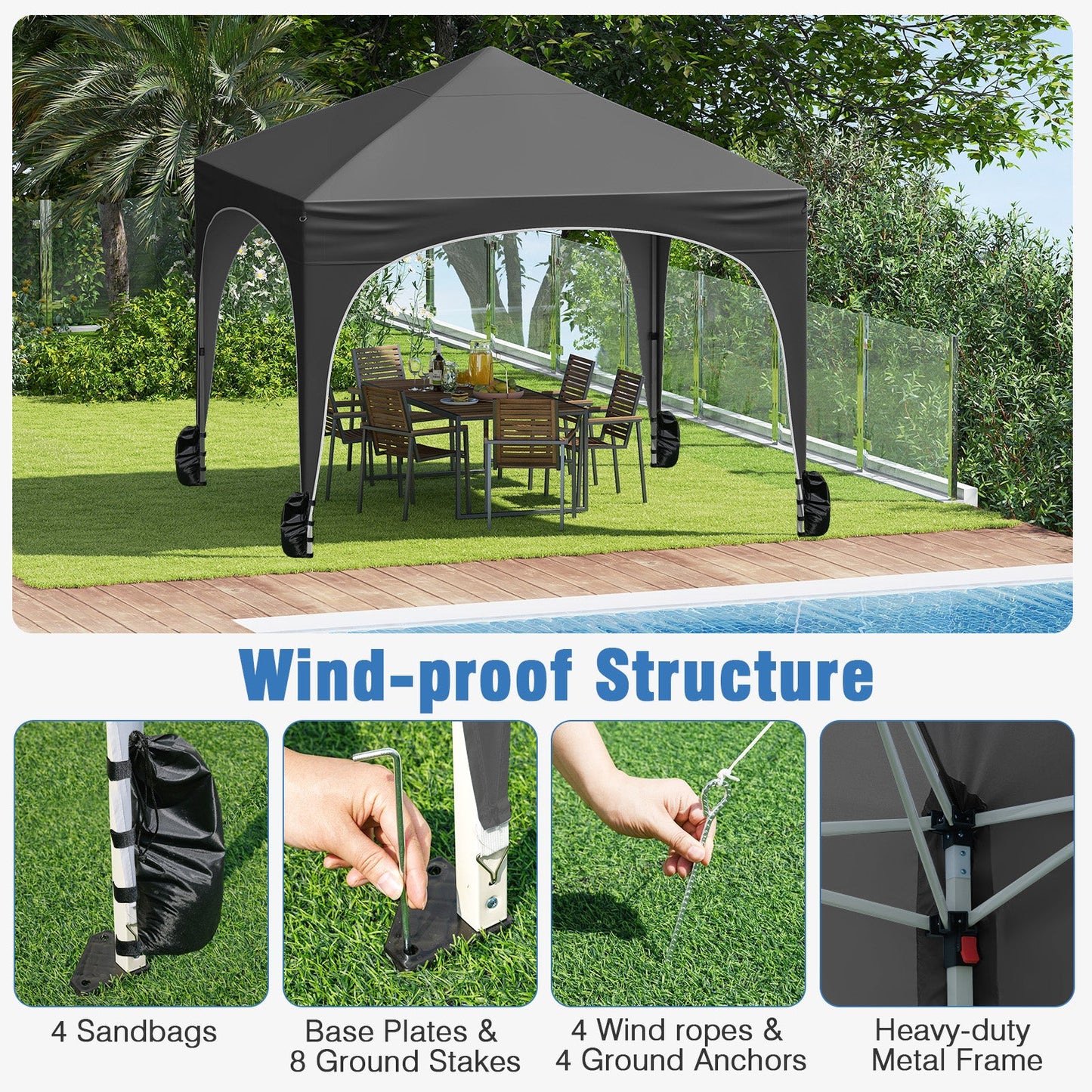 10 X 10 FT Pop up Canopy Tent with 4 Removable Sidewall-Gray