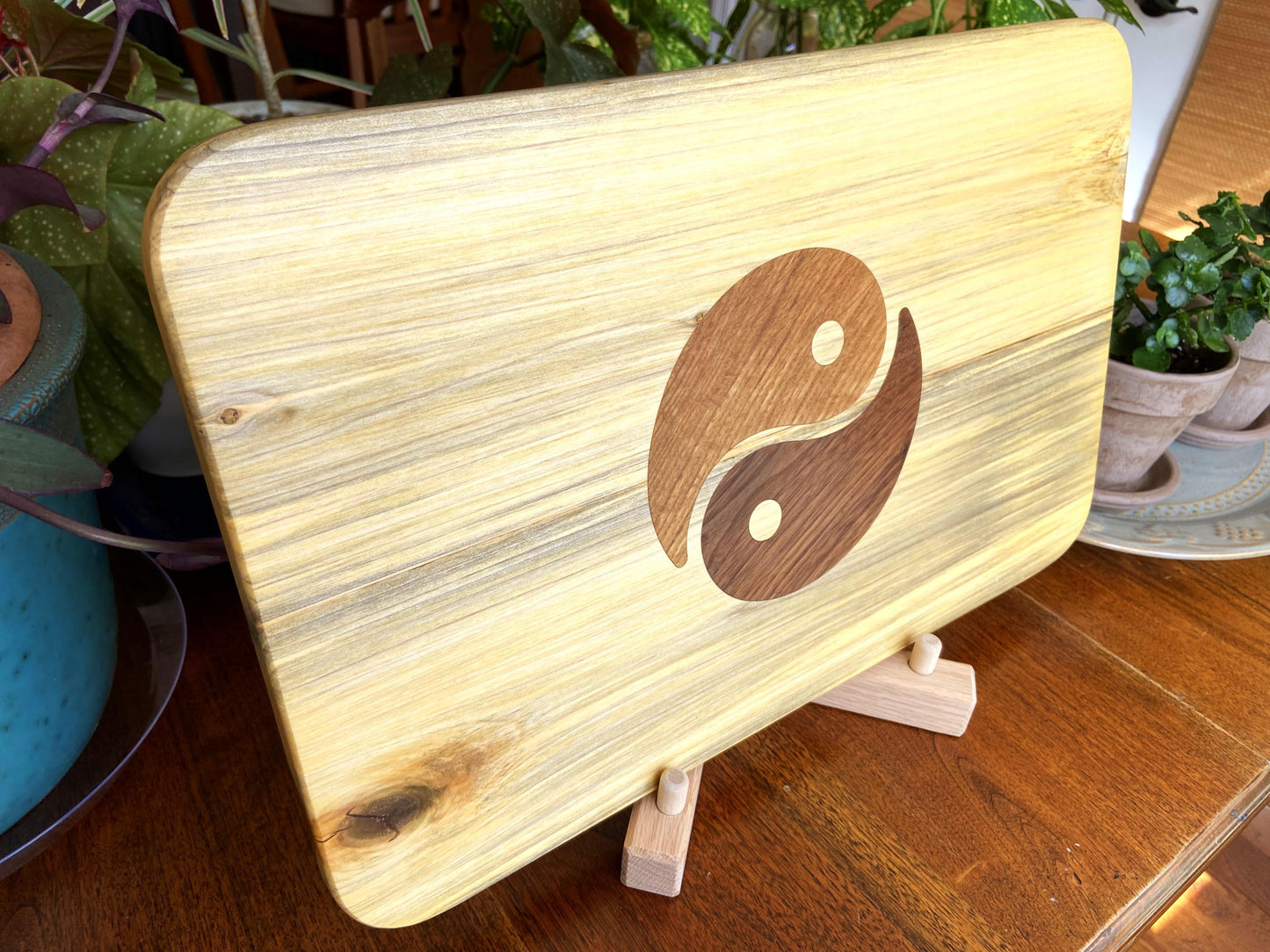 Poplar charcuterie board with Yin Yang inlay made from White Oak and Peruvian Walnut. - Tampa Home & Garden Store