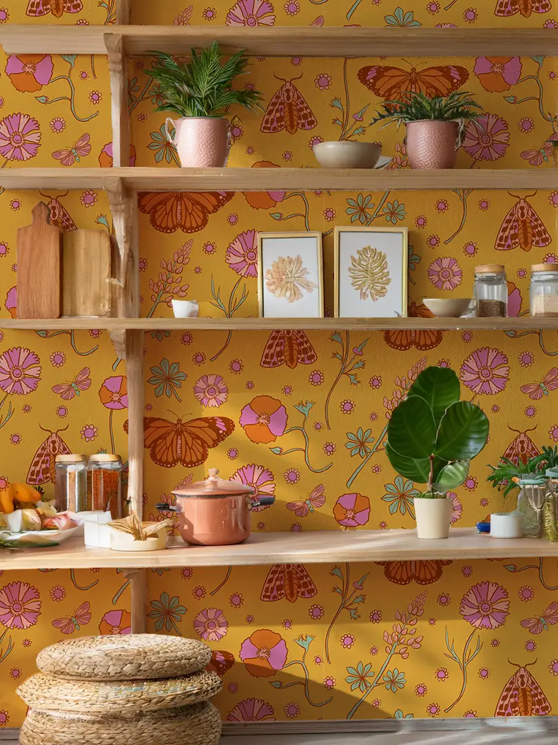 Poppy Please Wallpaper, mustard and pink - Tampa Home & Garden Store