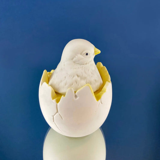 Porcelain chick in eggshell jar, white bird with yellow beak, yellow interior, Dept 56 figurine on Tampa Home & Garden Store