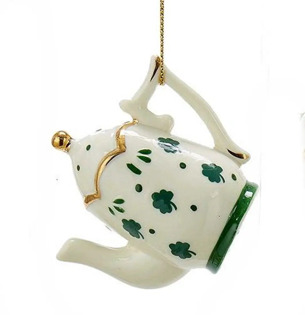 Porcelain Irish teapot ornament white with green shamrocks, gold lid by The Country Christmas Loft on Tampa Home & Garden Store
