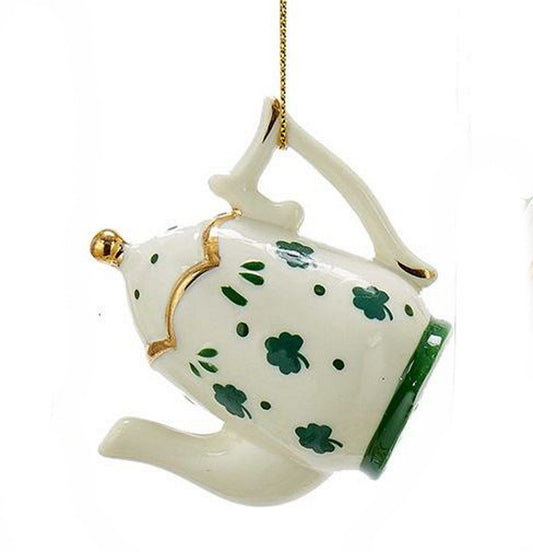 Porcelain Irish teapot ornament white with green shamrocks, gold lid by The Country Christmas Loft on Tampa Home & Garden Store