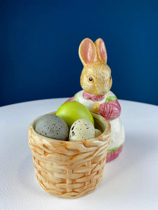 Porcelain Bunny Figurine hand-painted apron with basket of speckled eggs on Tampa Home & Garden Store