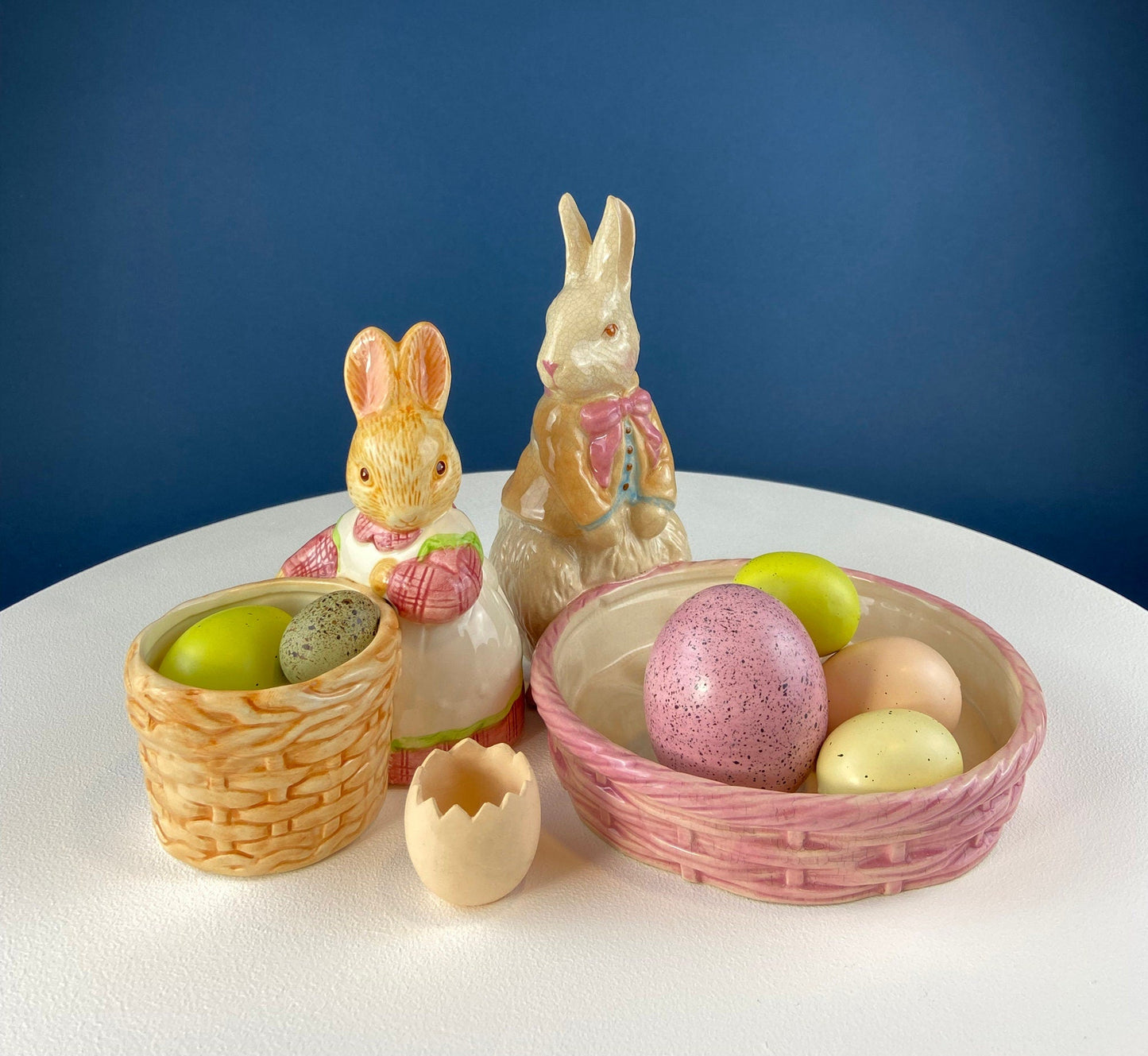 Porcelain Mom Bunny Figurine. Hand-Painted Girl Rabbit Wearing Apron and Carrying Basket. Vintage Easter Display. Kids Room. - Tampa Home & Garden Store