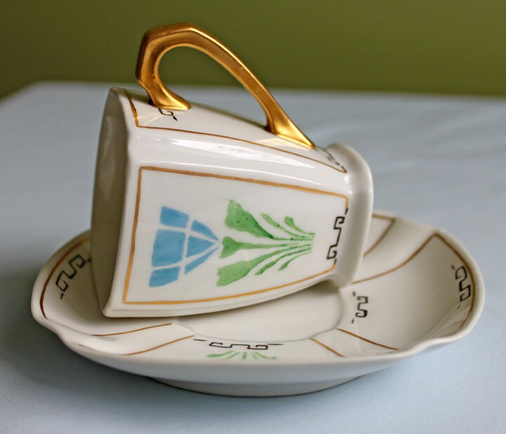 Porcelain Teacup Saucer Demitasse Set. Square Shape with Rounded Corners. Hand Painted. - Tampa Home & Garden Store
