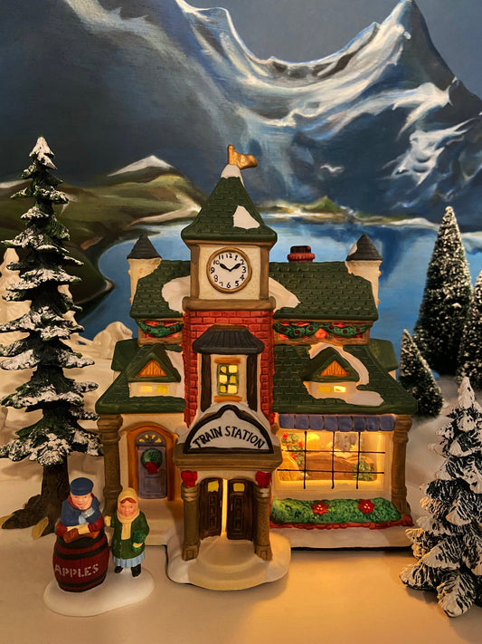 Porcelain Train Station with Clock Tower. Illuminated Christmas Village House. Not Marked by Manufacturer. Holiday Decor. - Tampa Home & Garden Store
