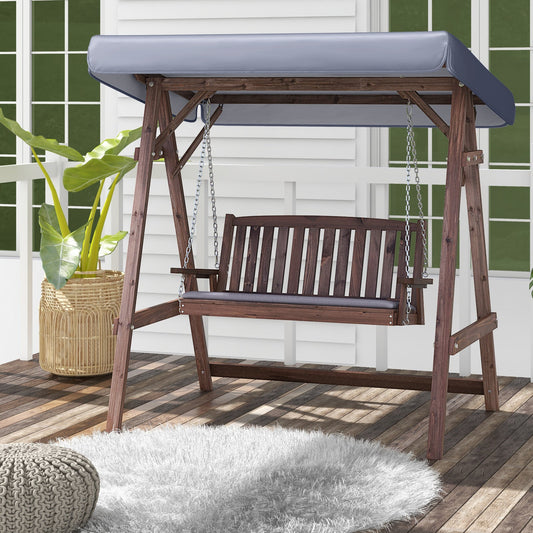 2-Person Porch Swing with Fir Wood Stand and Tilt Canopy-Brown