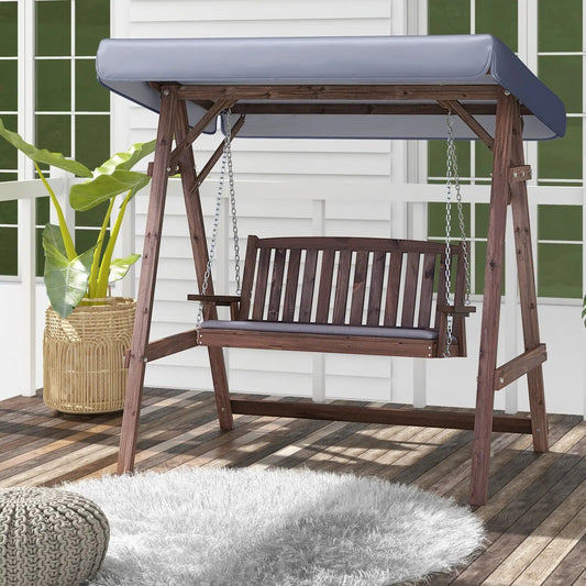 2-Person Porch Swing with Fir Wood Stand and Tilt Canopy-Brown - Tampa Home & Garden Store