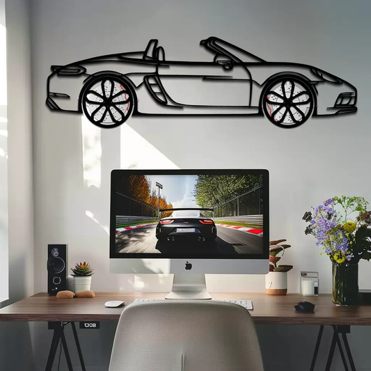 Porsche 718 Boxster GTS black metal wall art with rotating wheels on Tampa Home & Garden Store