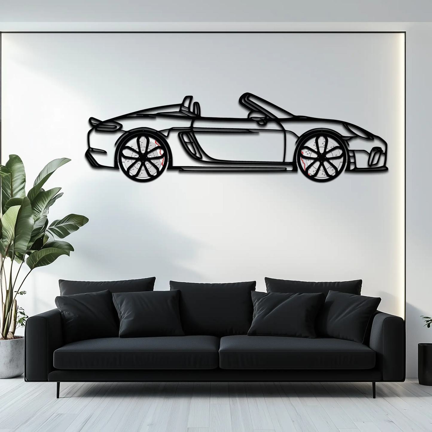 Porsche 718 Spyder metal wall art, Enova Art black line car silhouette with wheel detail on Tampa Home & Garden Store
