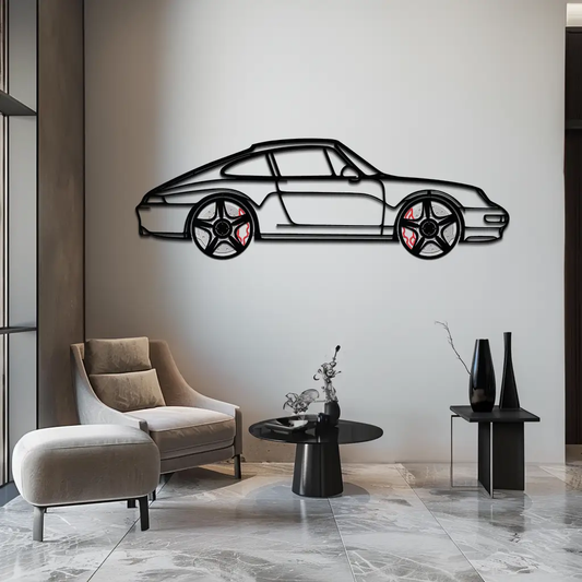 Porsche 911 993 silhouette metal wall art in black steel with red brake accents on Tampa Home & Garden Store