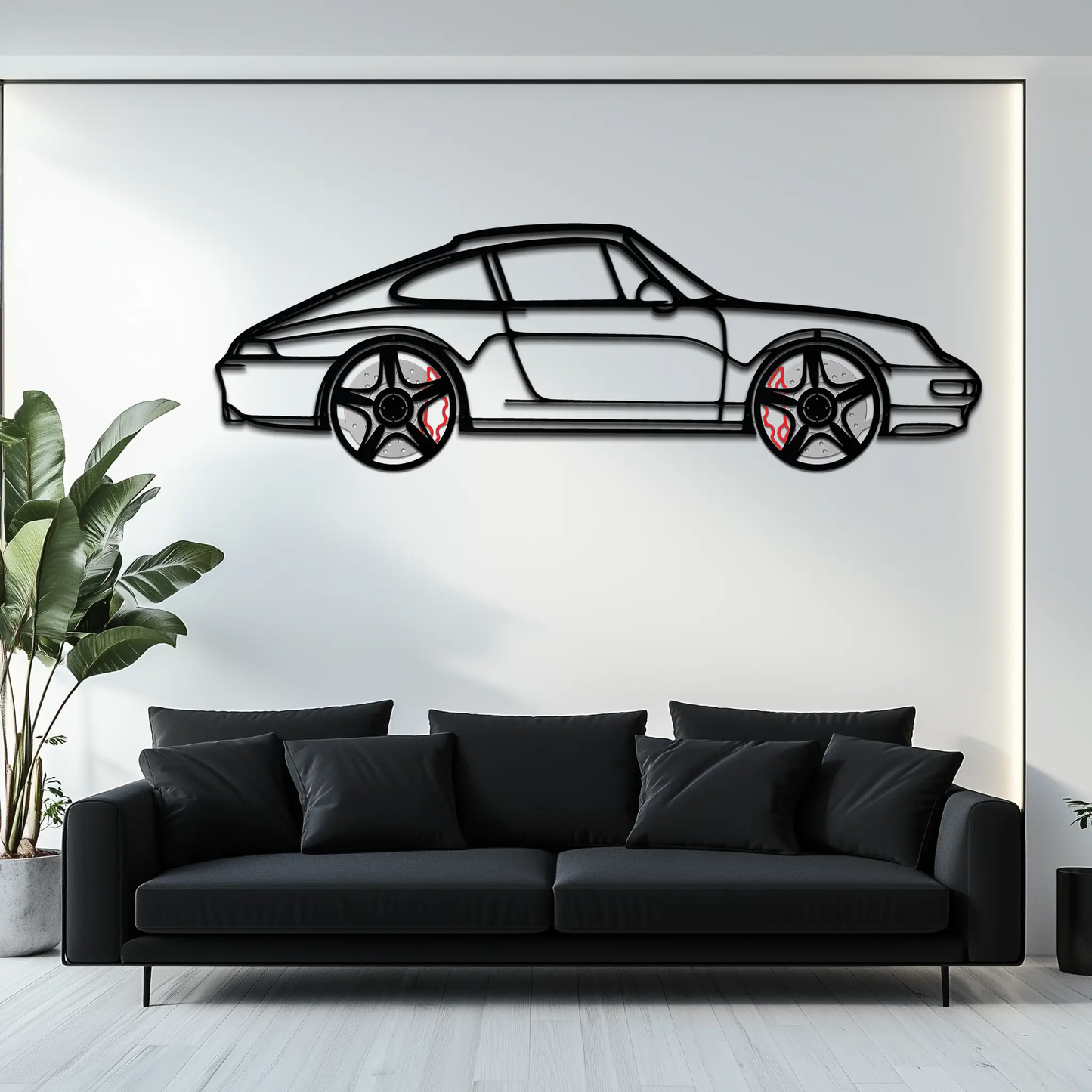 Enova Art Porsche 911 993 silhouette metal wall art, black line art on light backdrop on Tampa Home & Garden Store