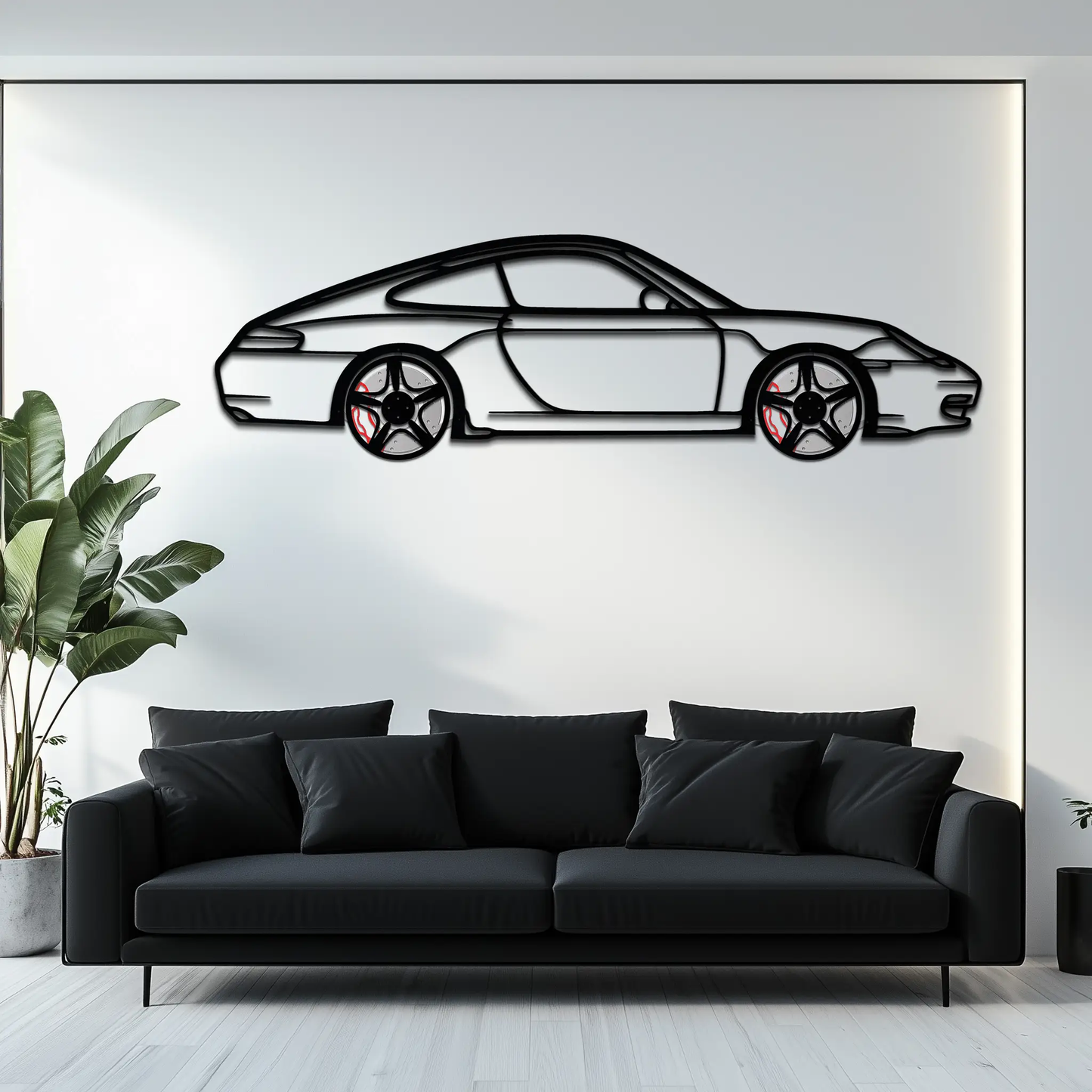 Porsche 911 silhouette metal wall art with rotating wheels by Enova Art on Tampa Home & Garden Store