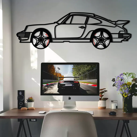 Porsche 911 metal wall art with rotating wheels, black silhouette by Enova Art above desk on Tampa Home & Garden Store