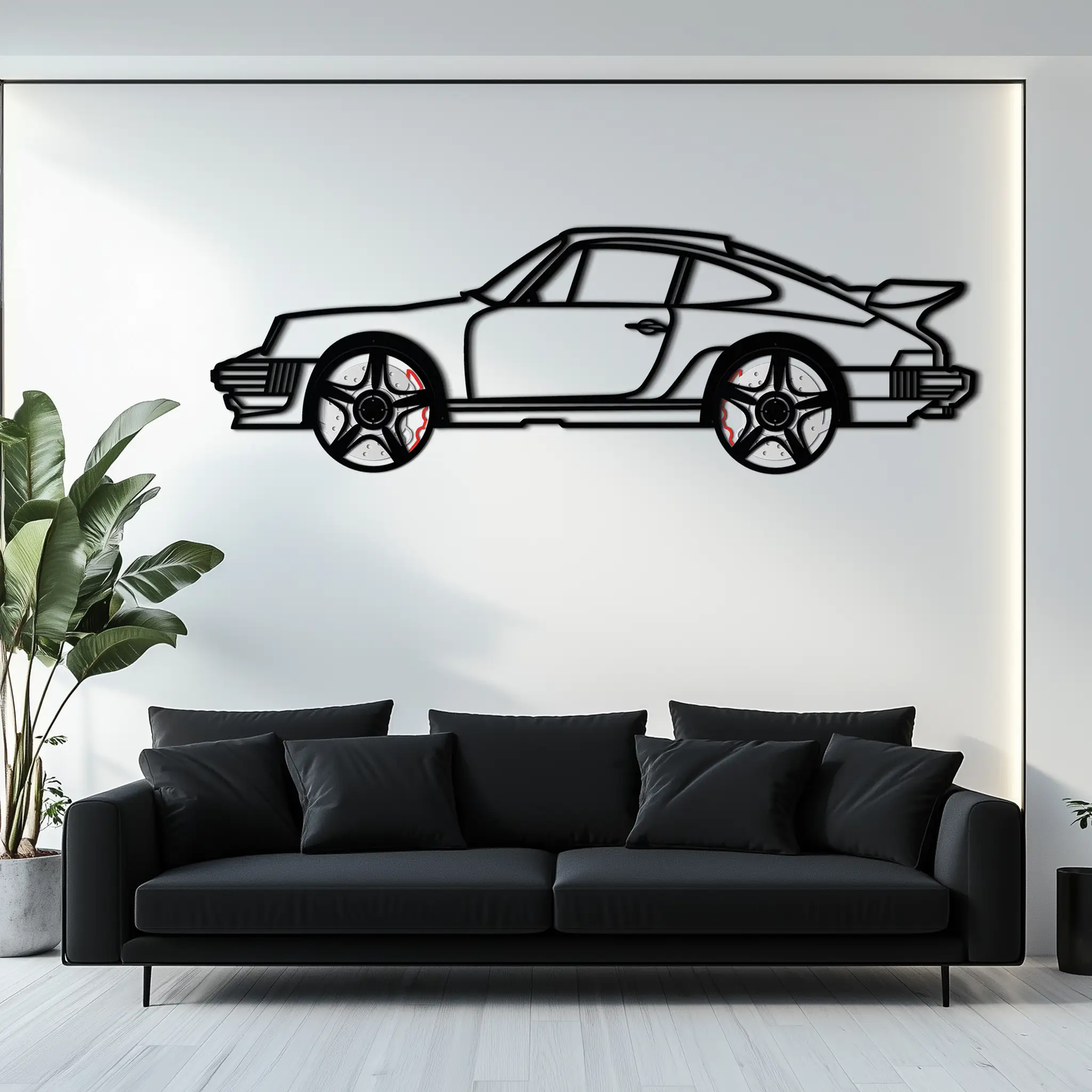 Porsche 911 Metal Wall Art with rotating wheels, black line-drawing car decor for walls on Tampa Home & Garden Store