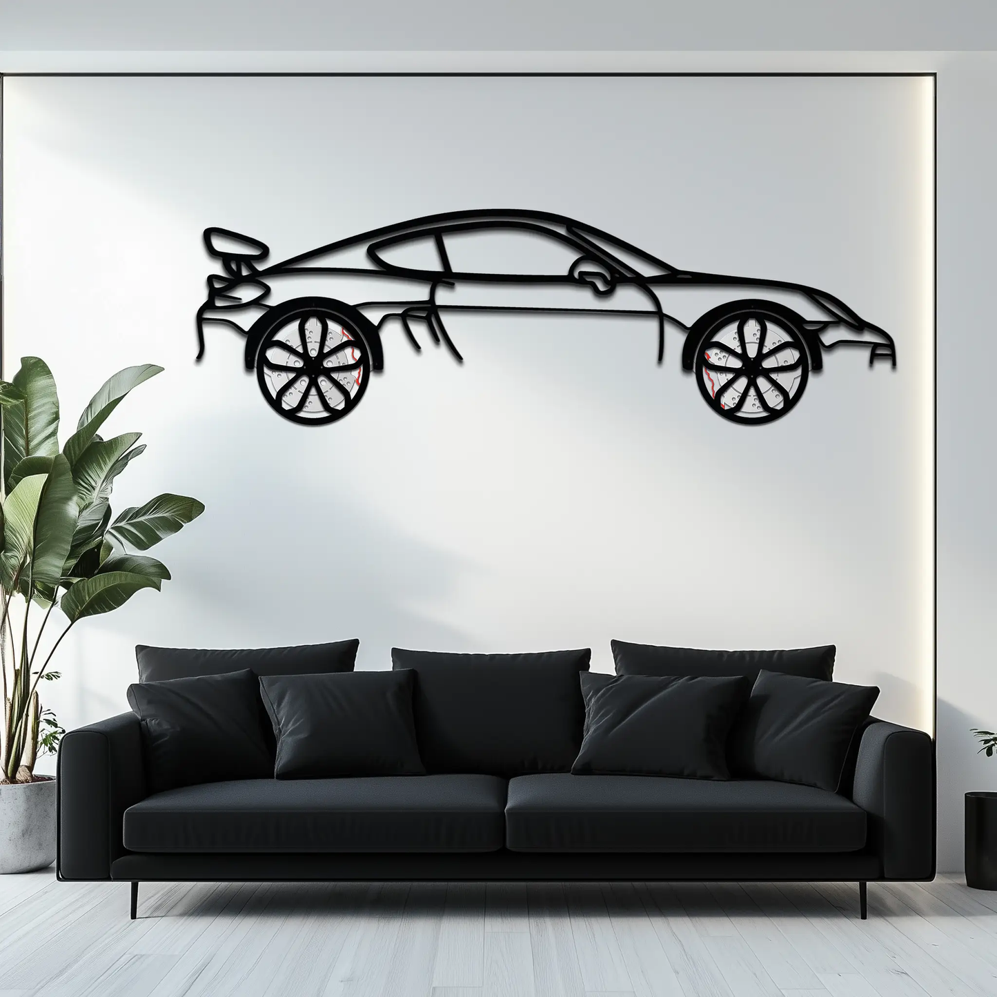 Porsche 911 GT2 metal wall art black silhouette with wheel detail on Tampa Home & Garden Store