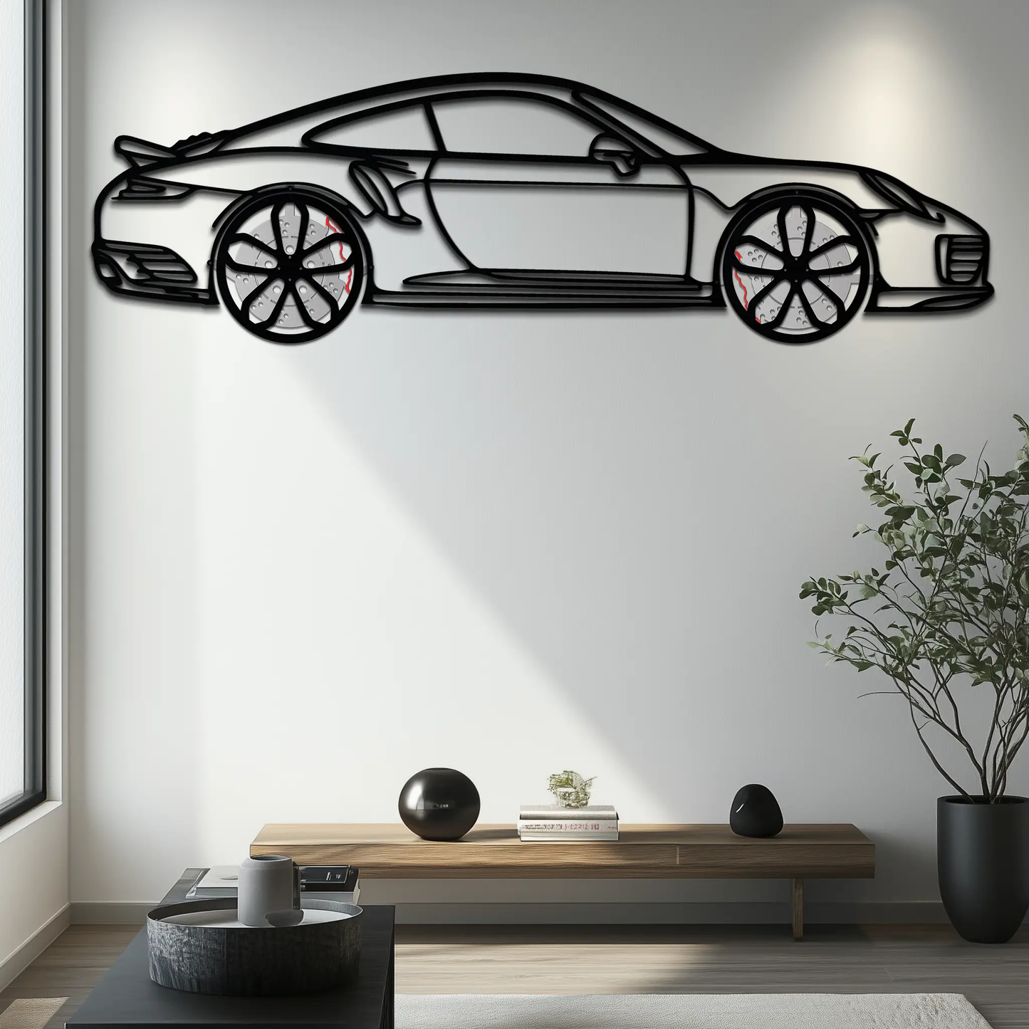 Porsche 911 Turbo S silhouette metal wall art by Enova Art, black outline car decor on Tampa Home & Garden Store