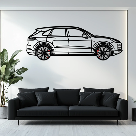 Porsche Cayenne Turbo Metal Wall Art by Enova Art; black silhouette with red brakes on Tampa Home & Garden Store