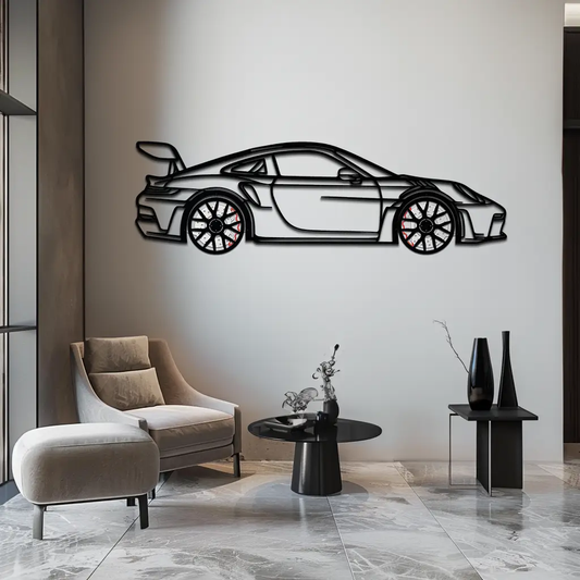 Enova Art Porsche GT3 RS Style Wall Art, black line-art car silhouette with red brake wheels on Tampa Home & Garden Store