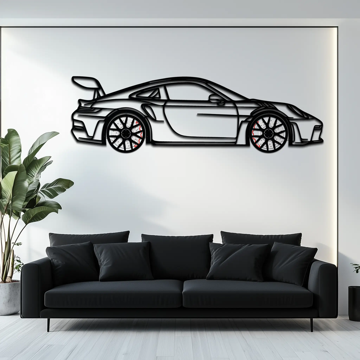 Porsche GT3 RS Wall Art Wheel black wire-outline silhouette with red calipers Enova Art on Tampa Home & Garden Store