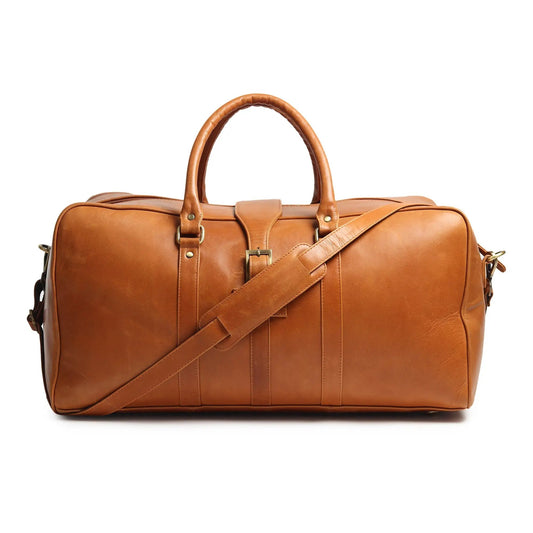Port Blair Leather Duffle Travel Bag tan leather with top handles and buckle strap on Tampa Home & Garden Store