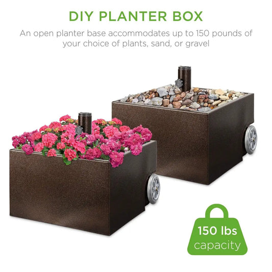 Portable wheeled powdercoated umbrella base HomePacific, two brown planters, 150 lbs capacity on Tampa Home & Garden Store