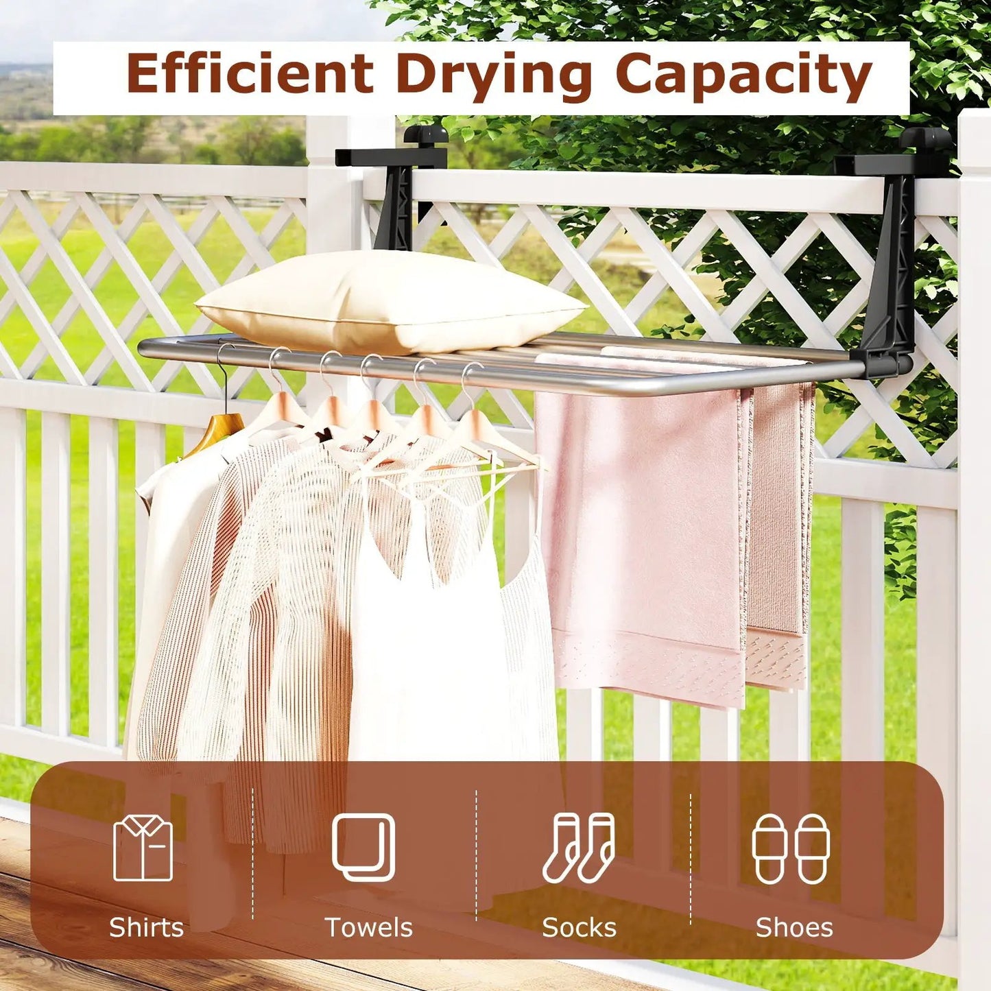 Portable aluminum clothes and towel drying rack mounted on railing with shirts and towels on Tampa Home & Garden Store