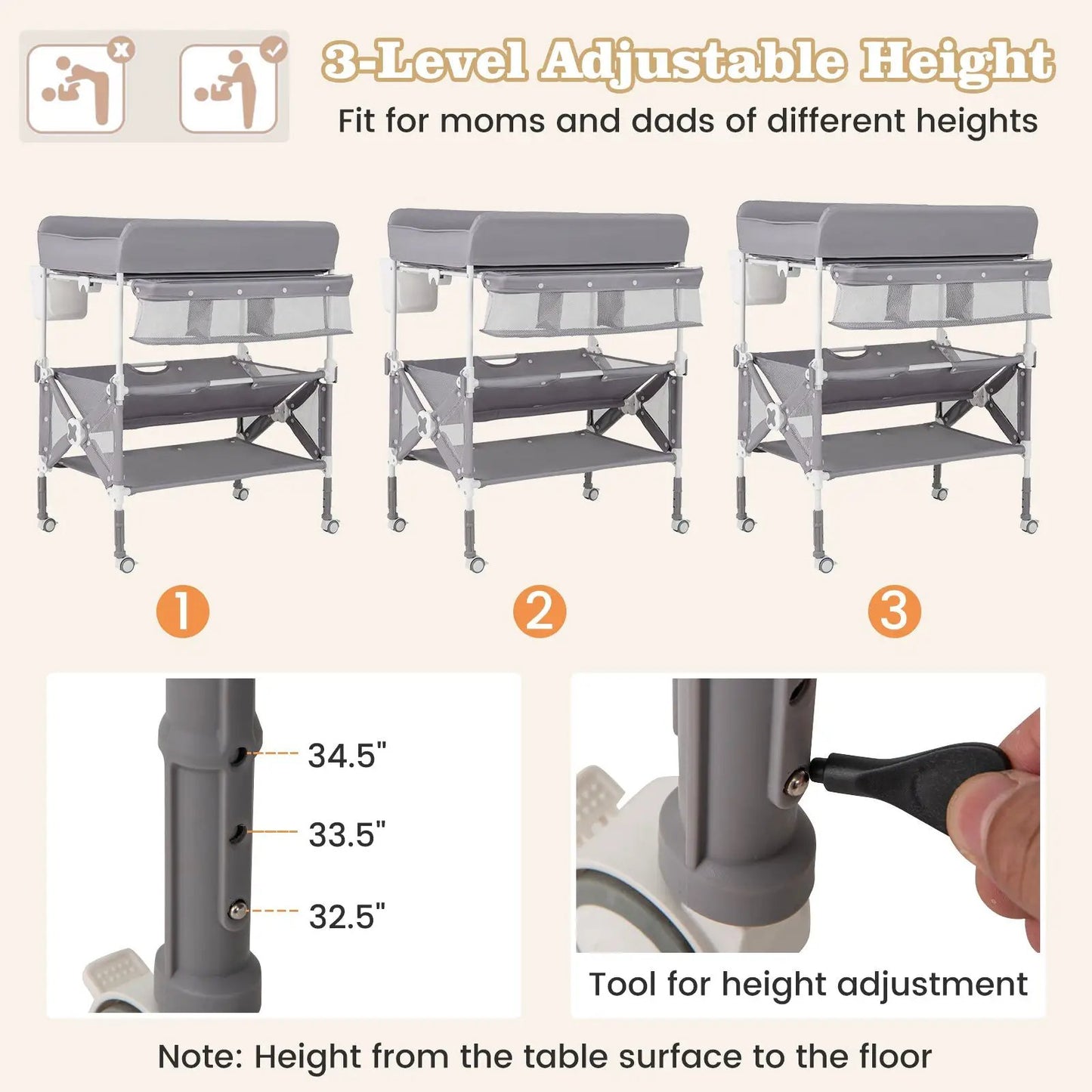 Portable Baby Changing Table With Wheels in gray with mesh storage rack, set of 3 on Tampa Home & Garden Store