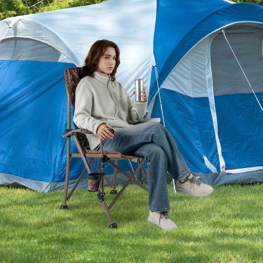 DirectDeals Portable Camping Chair, 400 lb capacity, tan frame, anti-slip feet, camo cup holder on Tampa Home & Garden Store