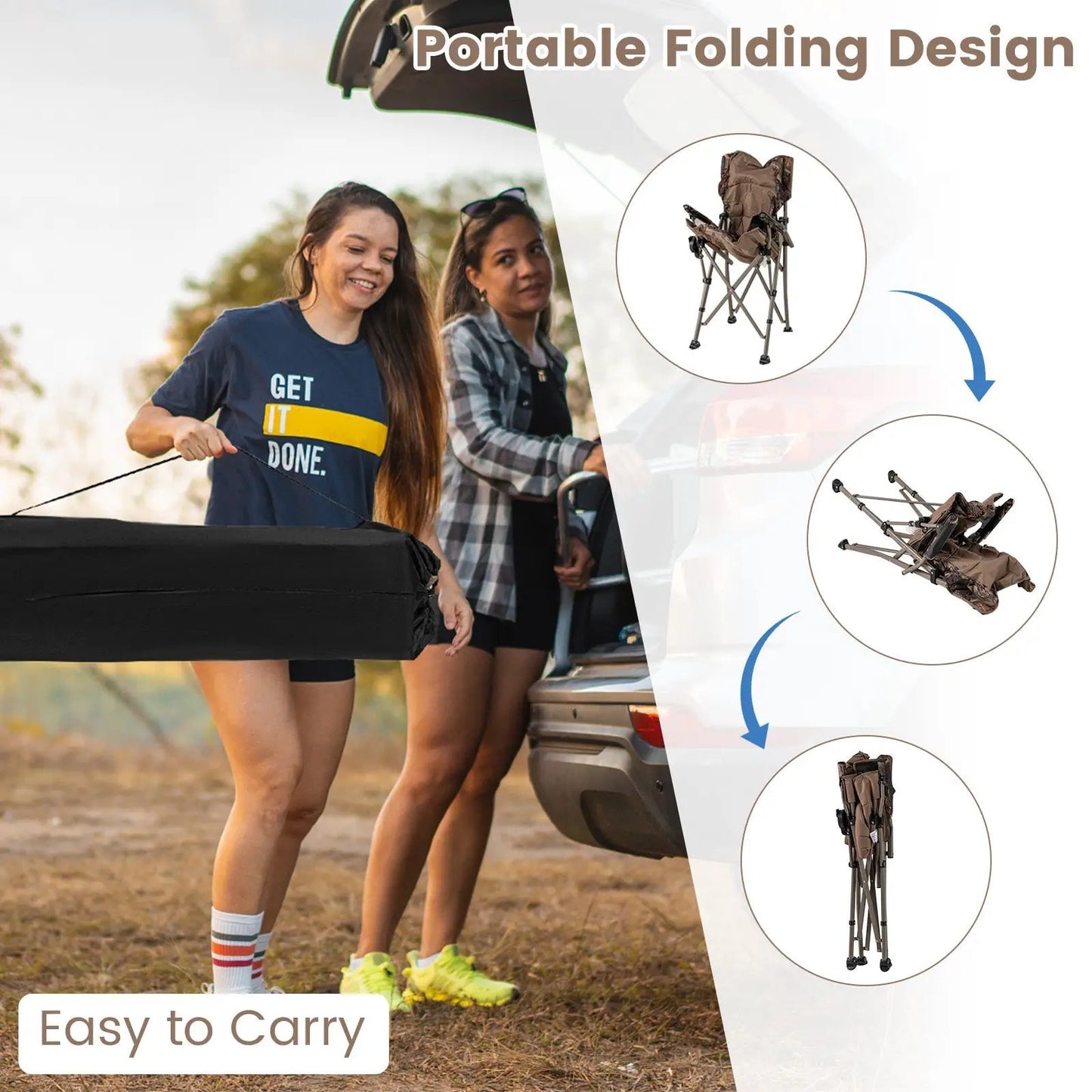 Portable camping chair, brown fabric seat, steel frame, 400 lb capacity, anti-slip feet on Tampa Home & Garden Store