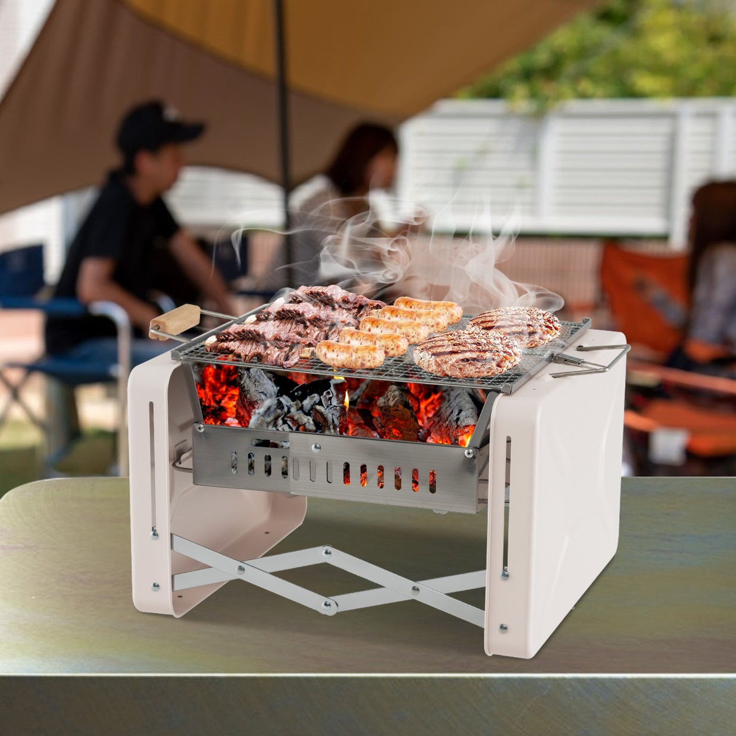 Folding Charcoal BBQ Grill with Dishwasher-safe Grill Grids and Charcoal Box-Beige - Tampa Home & Garden Store