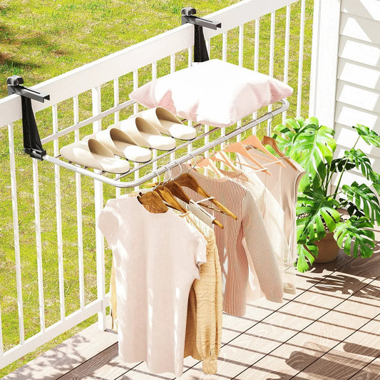Portable drying rack with adjustable brackets on a white railing holding beige shoes on Tampa Home & Garden Store