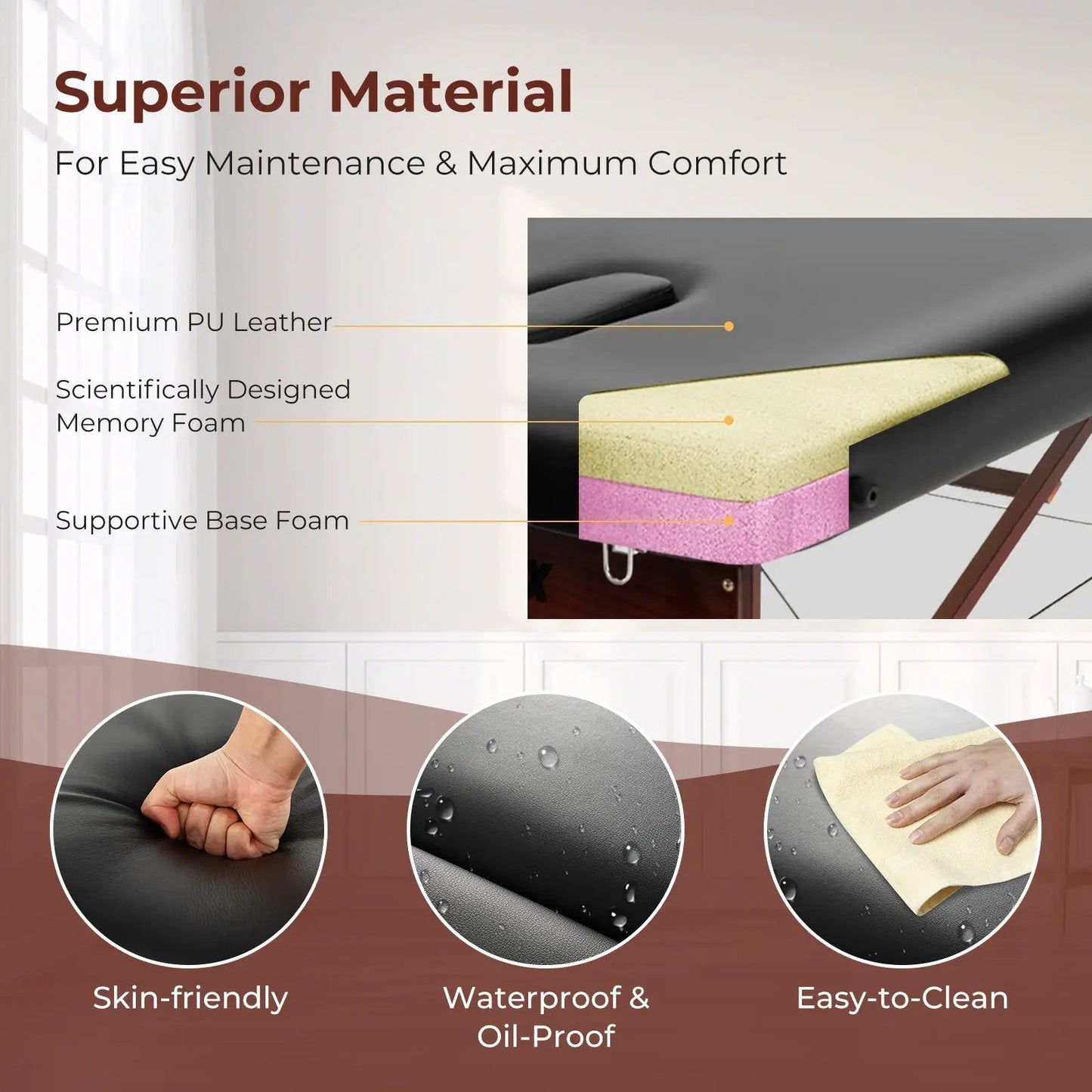 Folding massage table with height-adjustable beech wood frame and black PU leather surface on Tampa Home & Garden Store