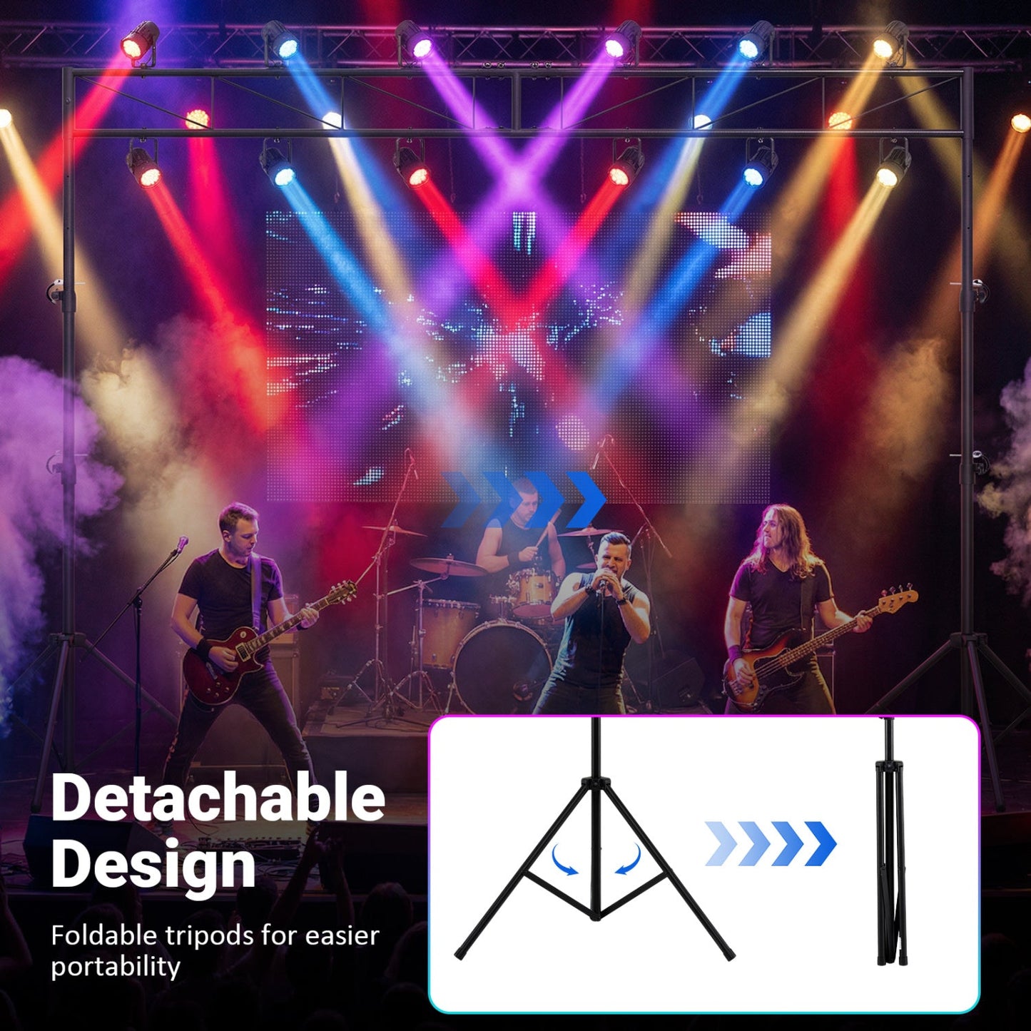 Lighting truss system with adjustable DJ stand on black metal frame and foldable tripods on Tampa Home & Garden Store