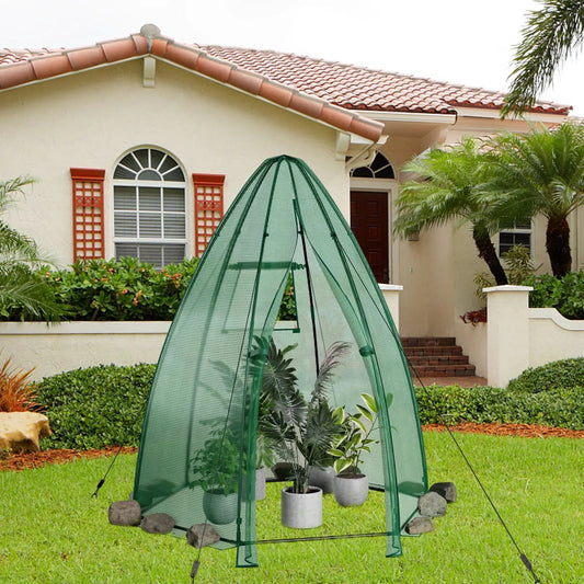 Mini Greenhouse with All-Weather PE Cover, green dome and potted plants in yard on Tampa Home & Garden Store