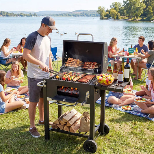 Charcoal Grill with Adjustable Tray and Wheels by DirectDeals at a lake, skewers on grill on Tampa Home & Garden Store