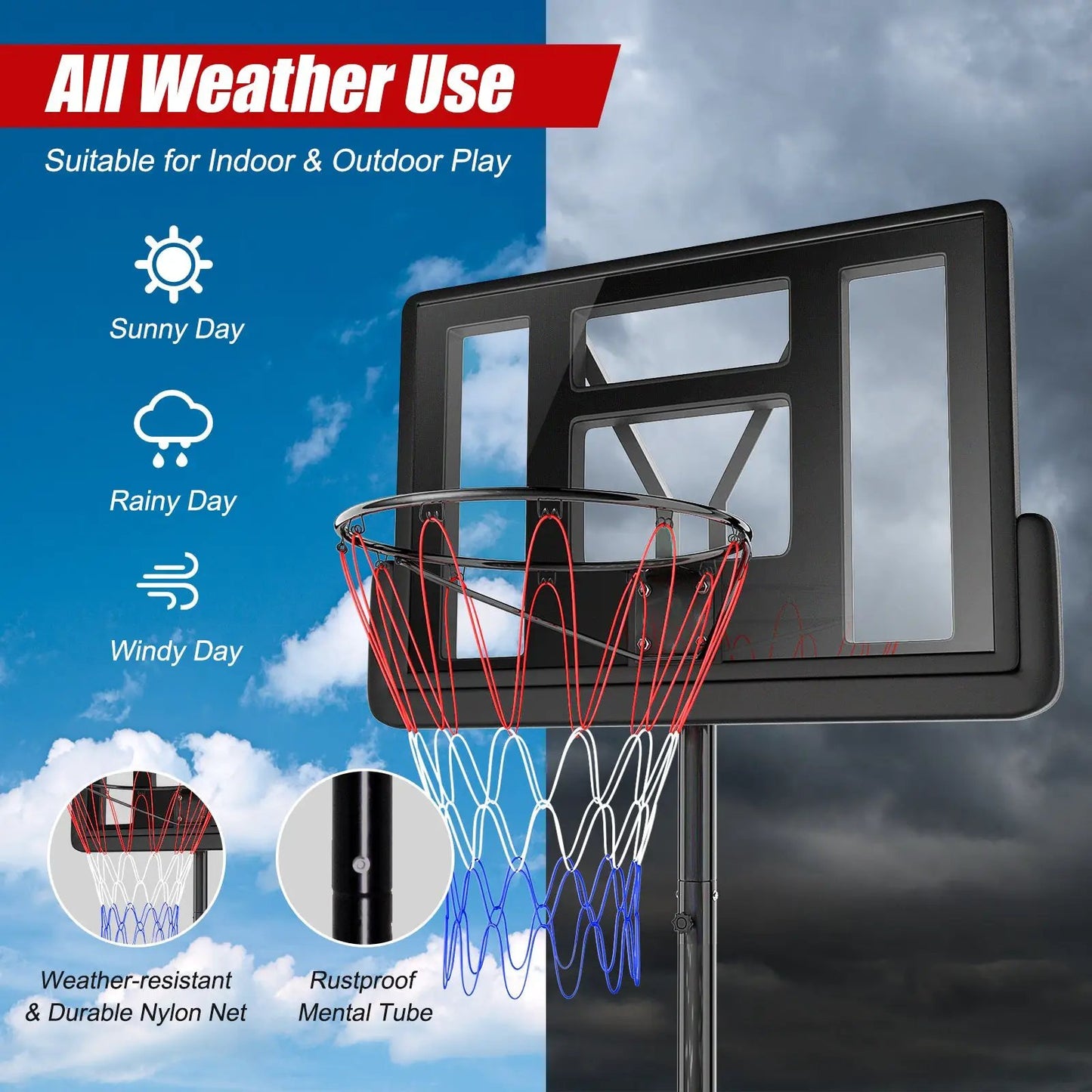 Height adjustable portable basketball hoop with 2 weather-resistant nylon nets by DirectDeals on Tampa Home & Garden Store