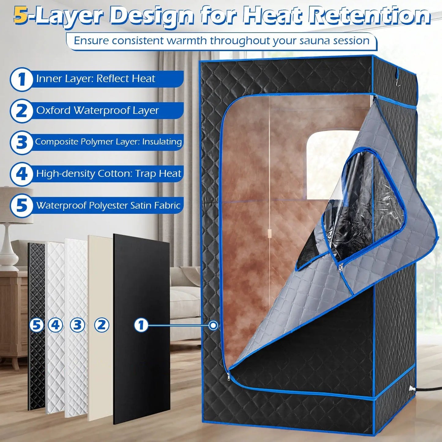 Portable Steam Sauna Box by DirectDeals with black quilted exterior and blue piping on Tampa Home & Garden Store