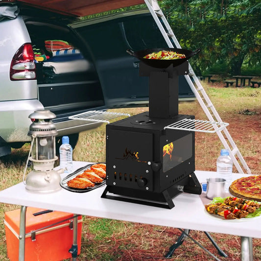 Portable wood burning stove with oven, black steel outdoor cooker with side racks on Tampa Home & Garden Store