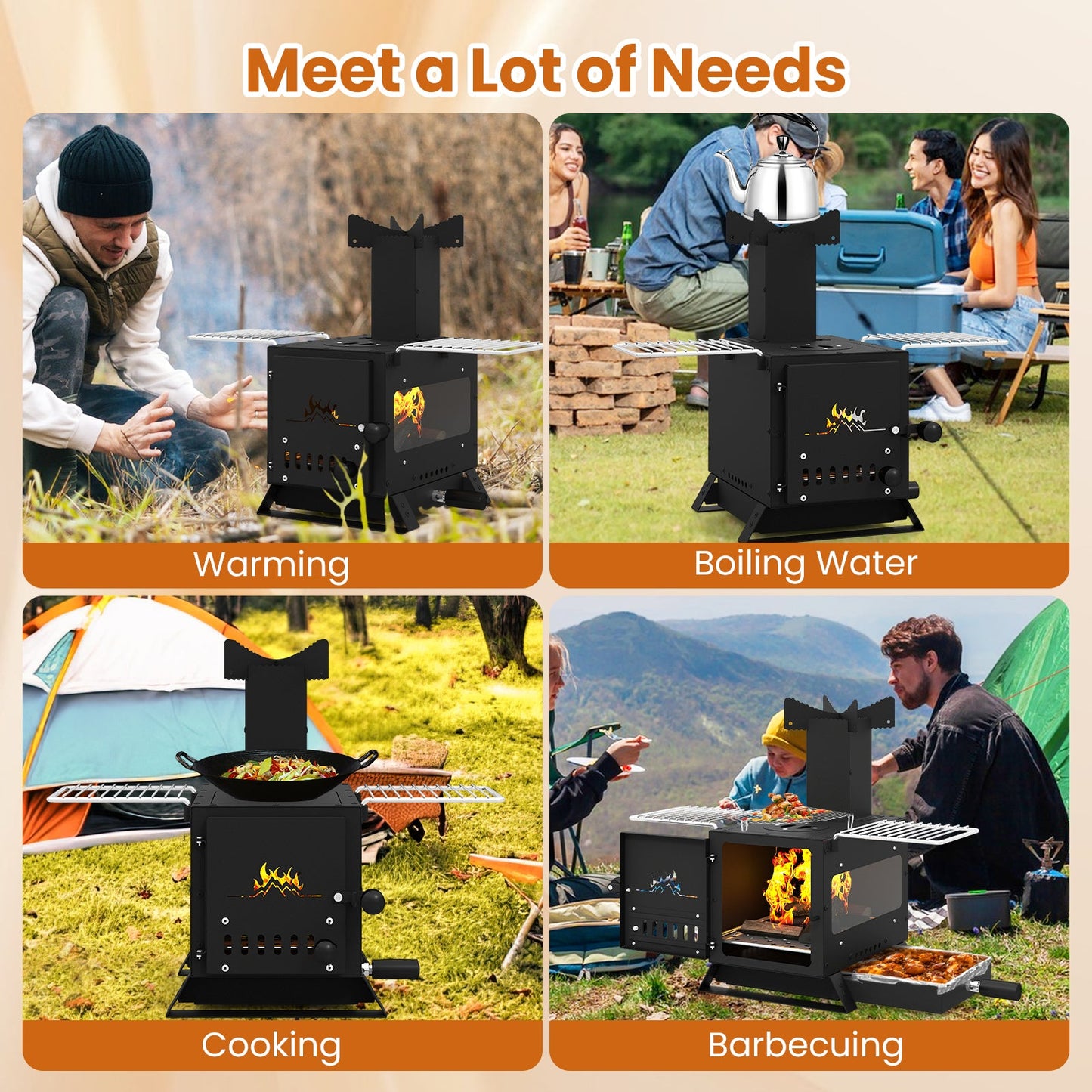 Portable wood stove with oven, black metal, fold-out racks, two units on Tampa Home & Garden Store