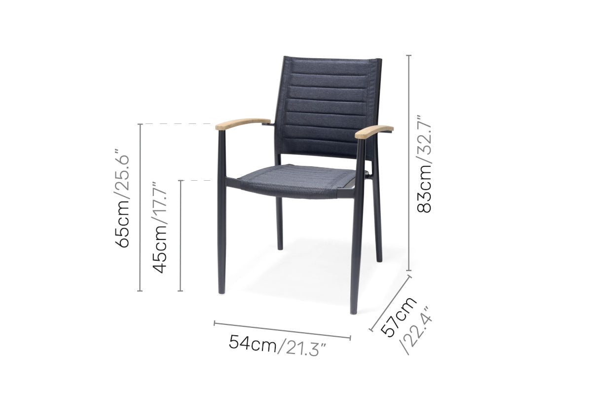 Portals Dark Lite 2pc stacking armchairs, dark frame with charcoal cushions on Tampa Home & Garden Store
