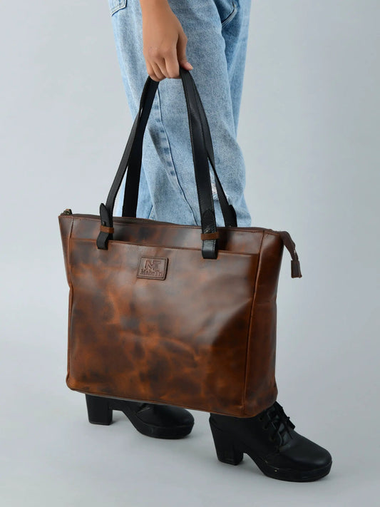 Portland Buffalo Leather Tote with Zipper brown tote bag with black handles on Tampa Home & Garden Store
